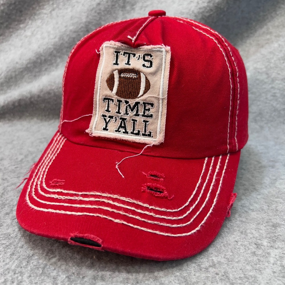 It's Time Y'all Football Womens Red Sunshine & Rodeos Baseball Hat Distressed OS
